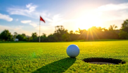 Golf ball resting near the hole on vibrant green grass, with a red flag and sunset in the background