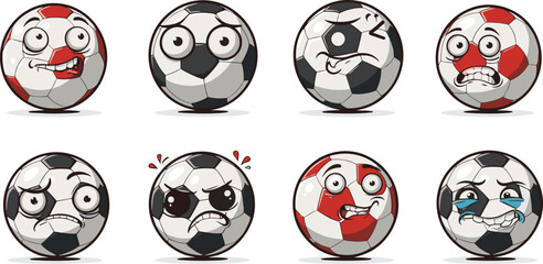 Cartoon soccer balls with expressive faces, emotional vector illustration for kids, playful sports-themed design, fun football characters, whimsical athletic icons