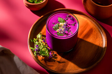 Beetroot juice served in a simple clear glass, placed on a handmade wooden table, garnished with wildflowers, fresh herbs, and rustic pottery.