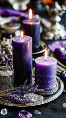 Dark and moody atmosphere with purple candles, dried herbs and withcy crystals.