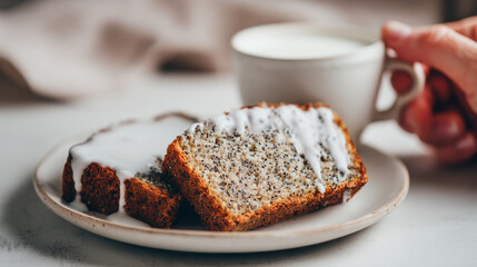 Slices of glazed poppy seed bread with a cup of milk on a white table