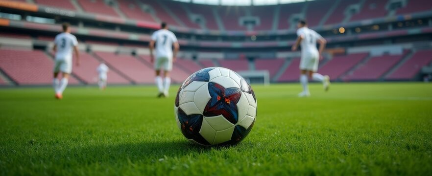 Football on field before kickoff, players warming up in background. Symbol of global sport, passion, and competitive teamwork in modern stadium. Soccer banner.