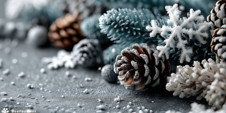 Close up frosted pine cones and snowflakes on snowy branches creating rustic winter christmas decoration
