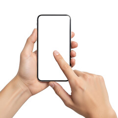 Close up of hands holding and interacting with a modern smartphone screen transparent background