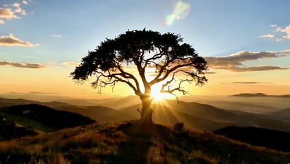 Tree silhouette at sunset over rolling hills with warm light and expansive sky scene - Powered by Adobe