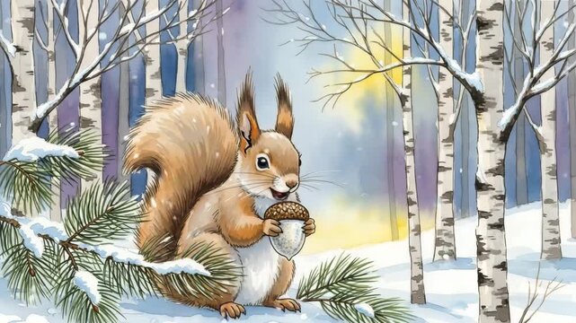 Cute red squirrel holding acorn nut sitting on snow covered pine branch in winter forest watercolor painting style illustration

