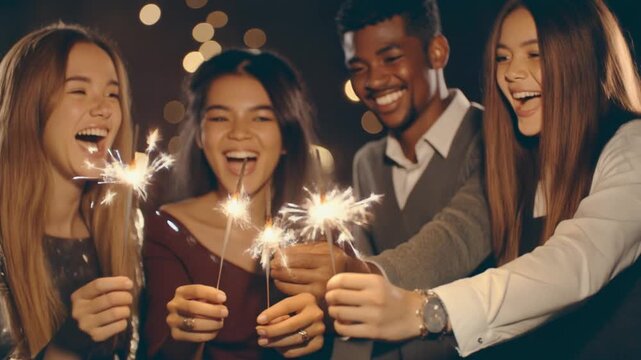 Joyful group celebrating with sparklers