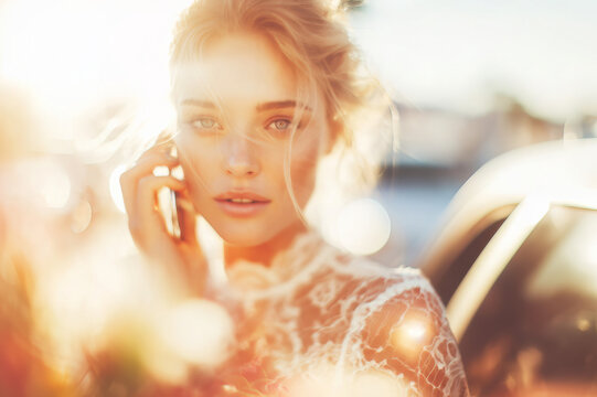 Fototapeta Piękna panna młoda w koronach – portret w blasku słońca z efektem bokeh  