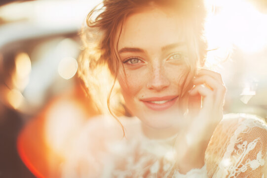 Fototapeta Portret kobiety w koronkowej sukni – światło zachodzącego słońca i romantyczna atmosfera  