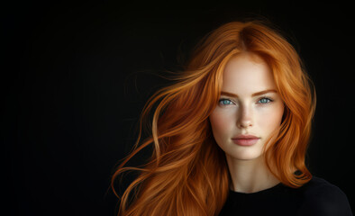 Stunning Redhead Woman Portrait Flowing Ginger Hair Blue Eyes Black Background Beauty Model Dramatic Studio Closeup

