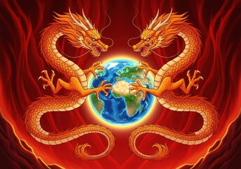 Fototapeta premium Majestic golden dragons embrace planet earth in fiery celestial realm mythical power