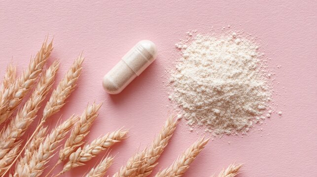 Collagen supplement capsule and powder with wheat on a pink background