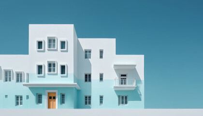 Modernistyczna biała architektura z niebieskimi akcentami – minimalizm i południowy klimat
