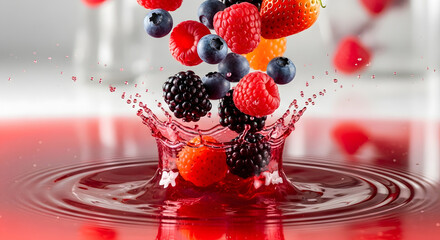 Fresh mixed berries plunging into vibrant juice create splash, offering a dynamic, refreshing visual for healthy eating and lifestyle advertising campaigns