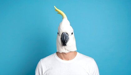 Man wears a cockatoo mask, featuring white feathers and a yellow crest, against a light blue backdrop