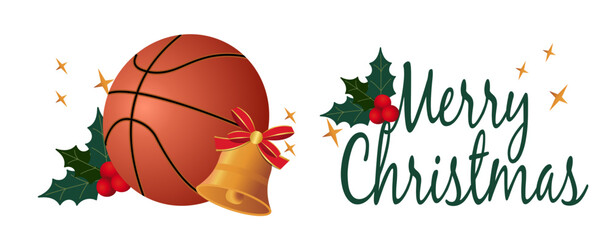 Holiday basketball illustrations featuring pine branches, holly, stars, and ornaments. Ideal for Christmas-themed sports designs and seasonal merchandise.