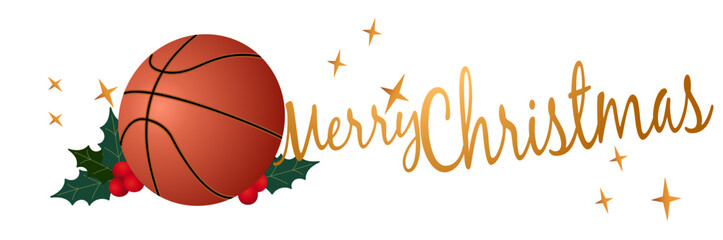 Holiday basketball illustrations featuring pine branches, holly, stars, and ornaments. Ideal for Christmas-themed sports designs and seasonal merchandise.