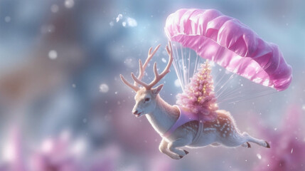 Reindeer parachuting a christmas tree through a snowy sky