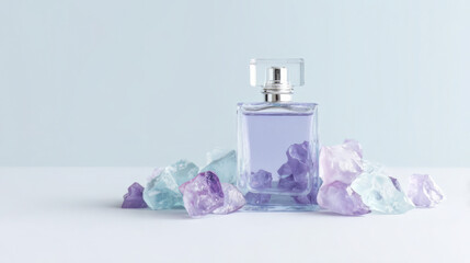 Perfumy na tle kryształów – luksusowy flakon i delikatne kolory do reklamy beauty