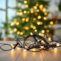 Tangled christmas string lights lying on wooden floor