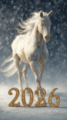 White horse walking towards 2026 in snowy landscape