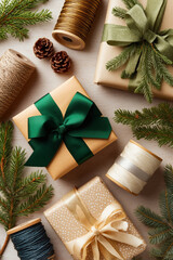 Christmas gifts wrapping preparation with festive decorations