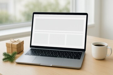 Open laptop on a wooden desk next to a wrapped gift, pine branches, and a cup of coffee, creating a cozy holiday workspace scene.

