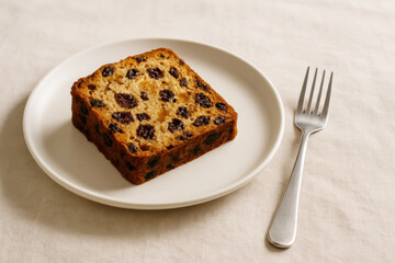 Close-up of a square slice of classic fruitcake loaded with raisins, served simply on a clean white plate with a fork.
