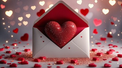 Red glittery heart emerging from envelope surrounded by small hearts and bokeh lights