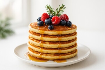 Tall stack of fluffy pancakes topped with fresh berries and a pine sprig, drizzled with maple syrup for a festive holiday breakfast.
