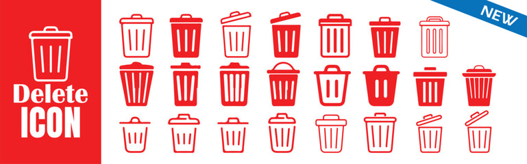Delete icon set. Trash can symbol. Rubbish bin sign. Delete button. Delete icon collection