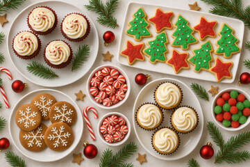 Colorful holiday spread featuring Christmas tree cookies, star cookies, snowflake gingerbread, peppermint candies, and frosted cupcakes with pine branches.
