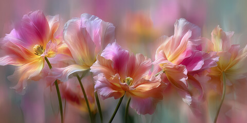 Dreamy Pink Orange Tulips Bouquet in Soft Bokeh &ndash; Pastel Spring Flowers for Beauty Branding