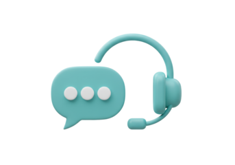 Isolated customer service headset alongside a speech bubble icon in light-blue color.