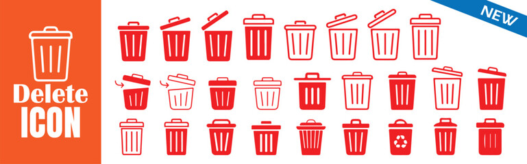 Delete icon set. Trash can symbol. Rubbish bin sign. Delete button. Delete icon collection