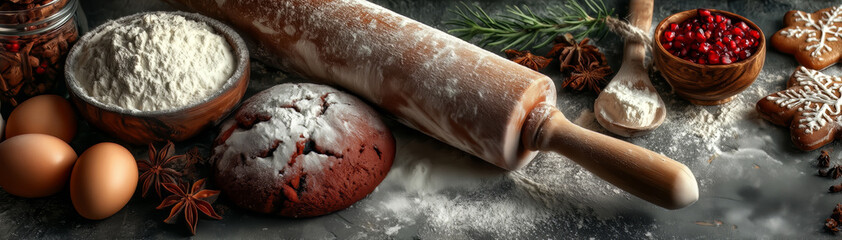  Rustic Christmas Baking Ingredients Flatlay with Rolling Pin Dough Eggs on Dark Wood &ndash; Holiday Recipe Scene