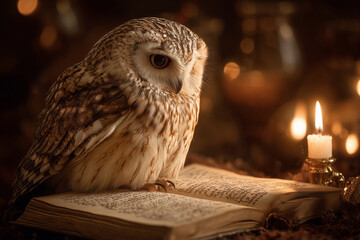 fantasy owl reading an open book illuminated by warm candlelight in a cozy magical nighttime setting