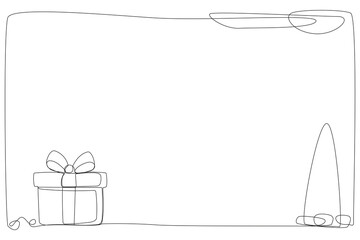 Winter Holiday Gift Box with Bow Ribbon Line Art. Christmas or New year Greeting Card Decoration. Outline Cute Cartoon Christmas Decor Element. Happy Holiday Family Party Invitation Design Symbol