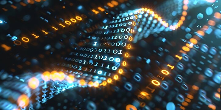 Abstract digital stream of glowing binary code forming a DNA helix