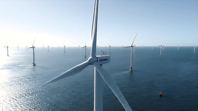 Aerial shot of offshore wind turbines generating clean, renewable energy in the ocean. Sustainable energy concept. Blue sky, modern technology