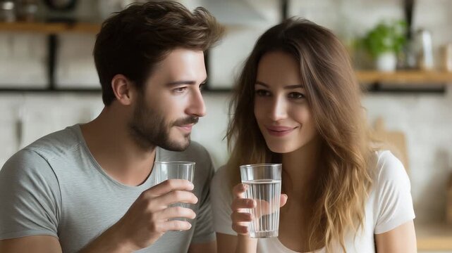 A man and a woman are enjoying a moment together in a cozy kitchen while holding glasses of water. Their joyful expressions and connection enhance the inviting atmosphere of the ki