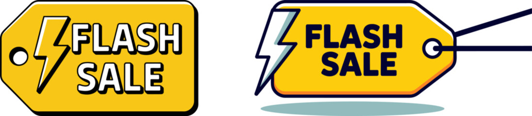Flash sale tags with lightning bolt icons represent urgent deals