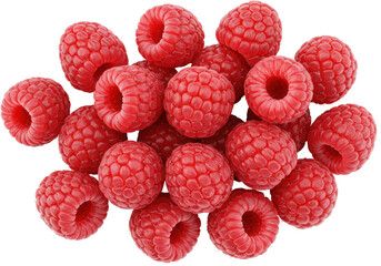 Isolated close-up view of fresh, ripe red raspberries in a pile, studio shot with detail