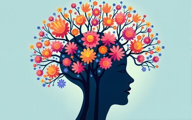 Human brain tree with flowers. Self care and mental health concept. Creative mind. Generative AI. High quality