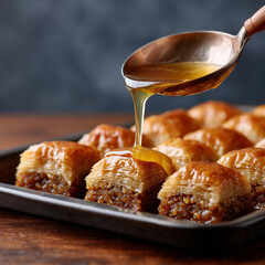 Baklava with spoon pouring golden honey syrup