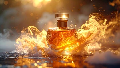 Glowing, amber liquid in a patterned glass bottle, surrounded by ethereal swirls and bokeh on a dark surface