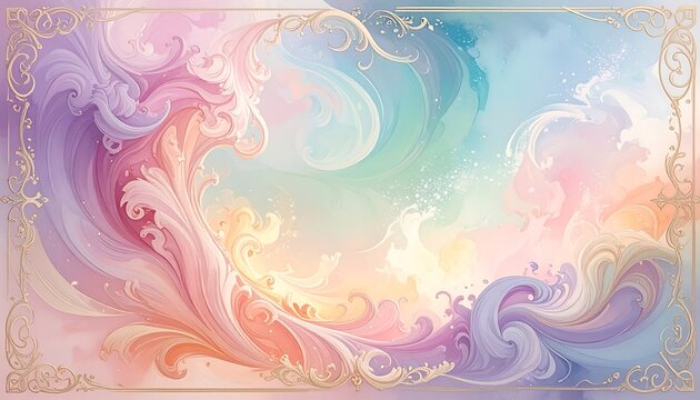 Pastel swirls converge in a fluid, dreamlike composition framed by ornate gold filigree - Powered by Adobe
