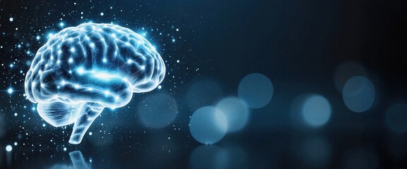 Glowing artificial intelligence brain with a neural network. Futuristic neuroscience and medical technology concept on a blue background with copy space