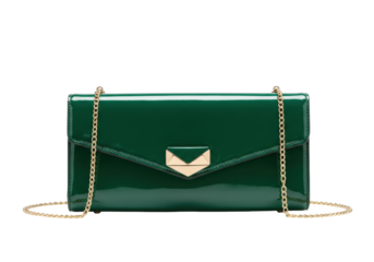 Isolated green patent leather clutch with gold chain, stylish modern women's purse