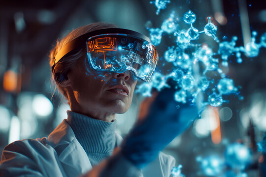 scientist wearing augmented reality headset analyzing holographic molecular structures in high tech laboratory